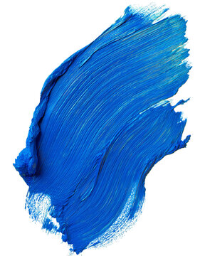 Diagonal blue paint smear with impasto texture and dynamic brush marks on white background.