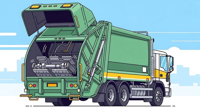 Green Garbage Truck with Open Compactor, City Background - Illustration