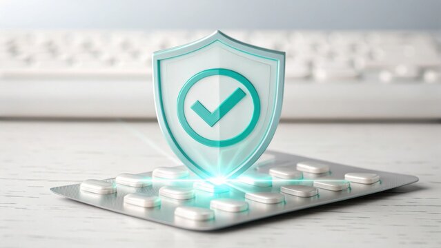 A protective shield icon with a checkmark glows on a blister pack of white tablets, symbolizing safe and verified medication.
