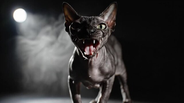 A hissing black cat with glowing eyes stands menacingly in a dark room lit by a single spotlight.