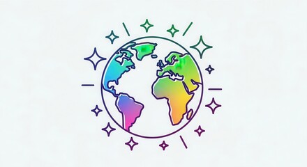 Naklejka premium Rainbow Earth Globe Icon with Sparkles - Global Diversity and Connection