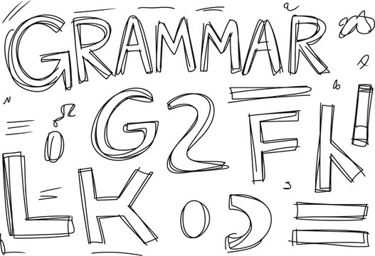Hand drawn sketch featuring the word grammar alongside various letters numbers and doodle style punctuation marks