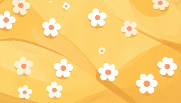 P&eacute;talos de flores blancas sobre fondo amarillo arremolinado con dise&ntilde;o delicado