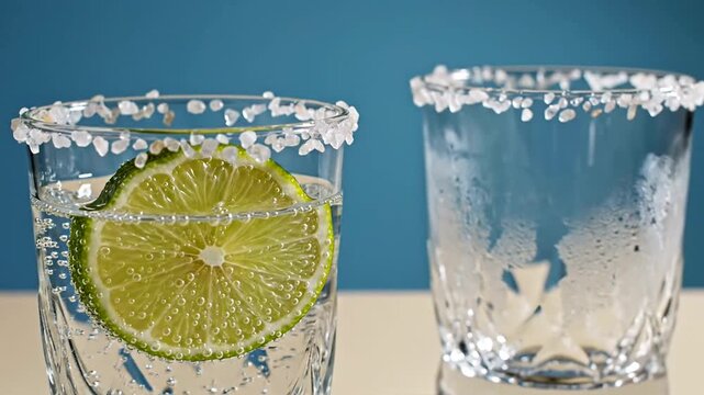 Salt rim glasses with lime.