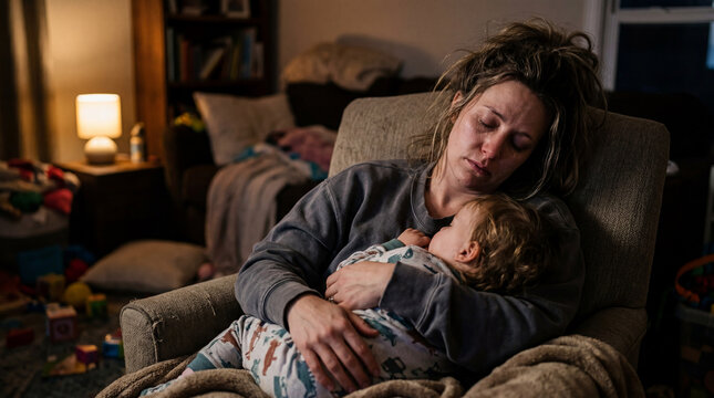 A weary mother finds comfort holding her sleeping baby in the quiet night, reflecting the daily sacrifices and profound love of parenthood