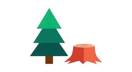 Obraz premium Simple vector illustration of a pine tree and tree stump