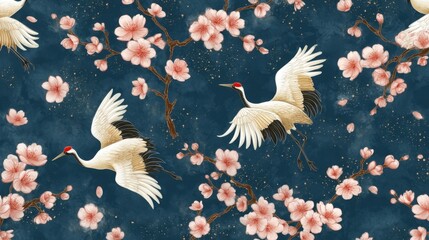 Fototapeta premium Elegant dark digital painting featuring cranes and cherry blossoms, showcasing a harmonious blend of nature and artistry in a serene atmosphere