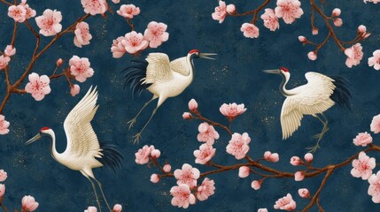 Fototapeta premium Elegant Cranes Amidst Cherry Blossoms in a Stylized Illustration with Rich Colors and Floral Elements for Artistic Background Use
