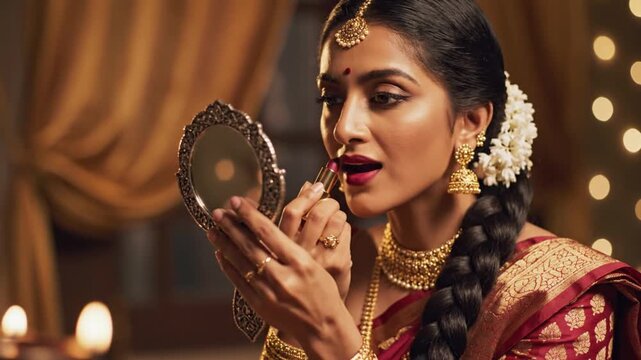 Indian woman applying makeup looking mirror traditional attire