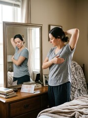 Obraz premium A woman stands before a mirror in a bedroom. She is stretching her arms above her head, seemingly contemplating her reflection.