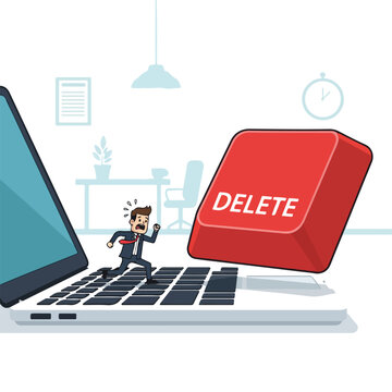 A man runs from a giant delete key on a laptop