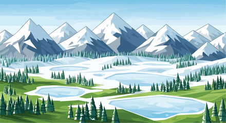 Snowy mountain landscape vector, winter wilderness with frozen lakes and pine forest, scenic alpine peaks under blue sky, nature background illustration © sweet.love.com