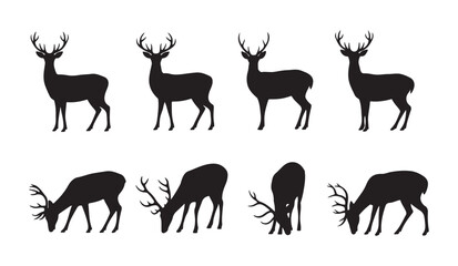 Eight diverse deer silhouettes showing standing and grazing positions for woodland environment vector illustration. © Farik