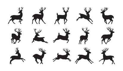 Fototapeta premium Set of deer silhouettes in various active poses jumping running and walking for forest wildlife hunting club design.