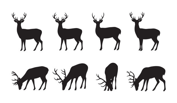 Eight diverse deer silhouettes showing standing and grazing positions for woodland environment vector illustration.