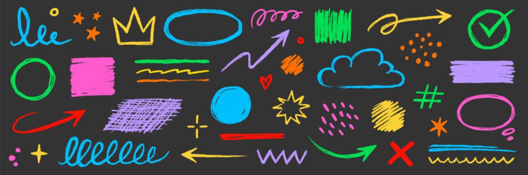 Hand drawn crayon texture pencil underline, arrow shape color element set. Scribble pastel texture brush stroke kid square, spiral, arrow hand drawn sketch abstract design. Vector illustration