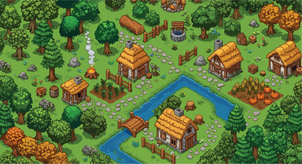 Pixel art medieval village landscape, retro game map with small cottages and farm gardens, isometric forest town vector illustration for gaming © line art stcoker.com
