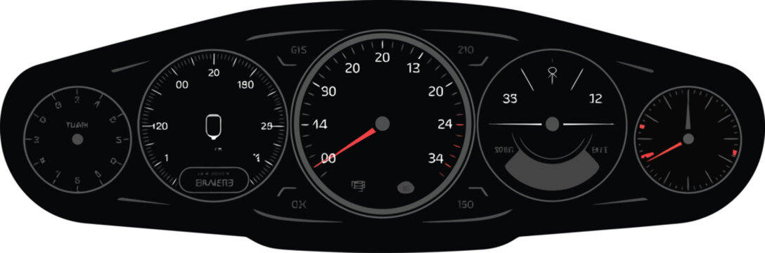 Modern vehicle dashboard instrument cluster featuring illuminated speed and fuel gauges for automotive driving monitoring systems
