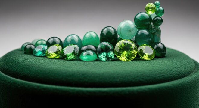 Assortment of Green Gemstones Lined Up on Velvet