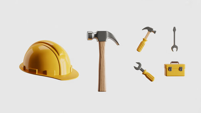 Construction tools and hard hat isolated on white background