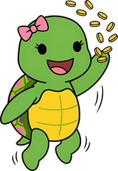 Fototapeta premium Younger Sister Turtle with Pink Bow Celebrating Saving Money Success. Business finance Vector illustration.