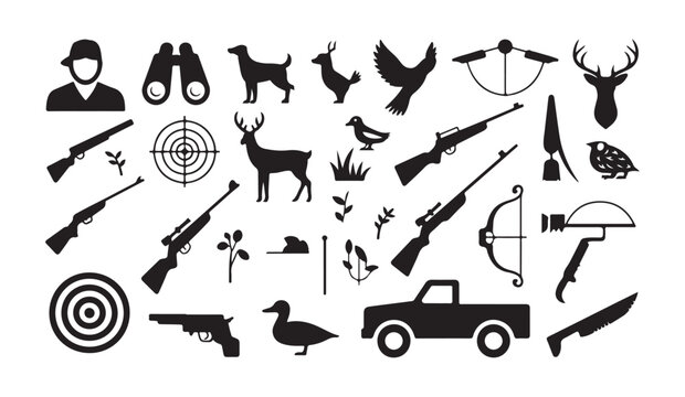 Hunting equipment and animals icons including rifle shotgun bow deer dog bird.
