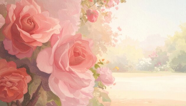ピンクのバラの柔らかい水彩画、日光を浴びたパステルカラーの庭と繊細な花びらの質感