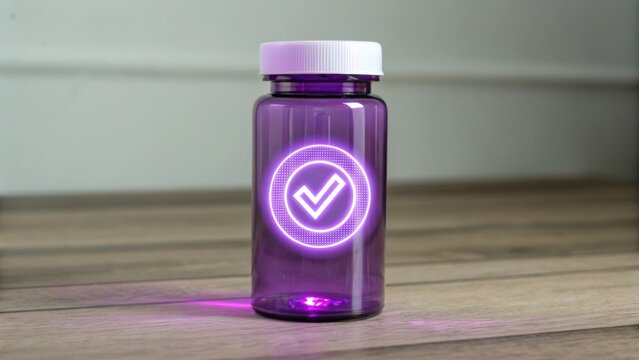 A purple translucent pill bottle with a white cap sits on a wooden surface, featuring a glowing checkmark symbol projected inside it.