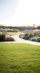 Obraz premium Beautiful garden path winding through vibrant flowerbeds with lush green grass and bright sunshine creating a serene and inviting landscape scene