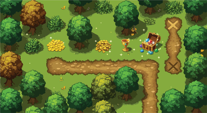 Pixel art forest game background, fantasy RPG map with treasure chest and gold coins, top-down 2D video game level design with trees and dirt path