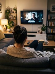Obraz premium A woman sits on a gray sofa, watching television. She is wearing a gray sweater and has her hair in a bun.
