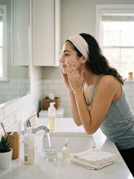 A young woman is washing her face at a kitchen sink. She is applying skincare products, including a cleanser and serum, while looking at her reflection in the mirror.