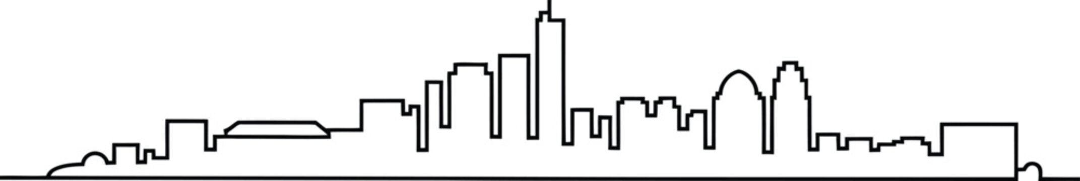 Simple black line drawing of a generic city skyline featuring tall buildings and urban tower structures