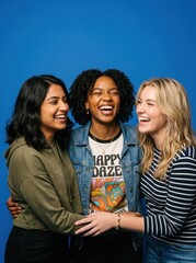 Fototapeta premium Three women stand closely together, smiling broadly and laughing. They are embracing each other, conveying a sense of joy and friendship.