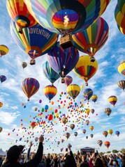 Obraz premium A vibrant aerial view captures a large gathering of colorful hot air balloons ascending into a bright blue sky. Several balloons are prominently displayed, including one labeled 