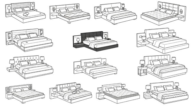 Bedroom Bed CAD Blocks Collection &ndash; Isometric Double Bed Designs with Headboards and Nightstands Furniture Set