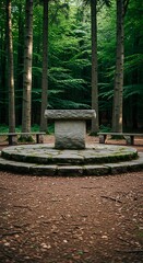 Fototapeta premium Ancient stone altar and stone benches in a serene forest clearing surrounded by tall trees and lush green foliage creating a mystical and tranquil atmosphere