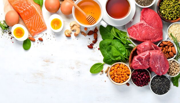 Healthy food ingredients salmon meat spices and fresh produce arrangement
