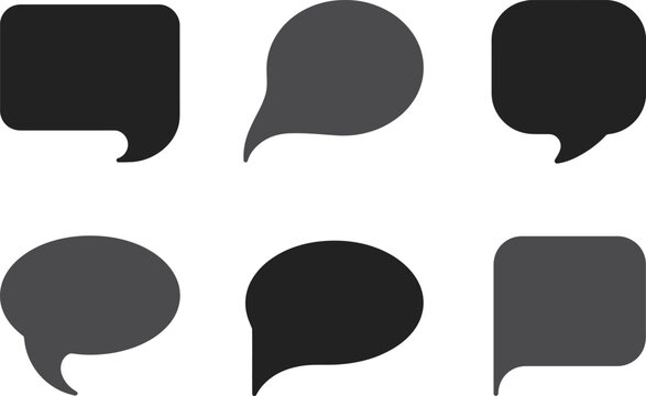 Six different gray speech bubble icons for social media communication and instant messaging user interface elements