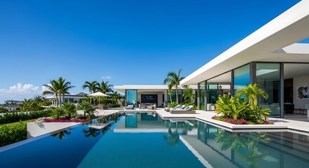 Fototapeta premium Luxury Modern Villa with Infinity Pool and Palm Trees, Tropical Paradise Estate