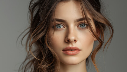 Naklejka premium Natural loose wavy hair closeup portrait of young woman with clear blue eyes and minimal makeup