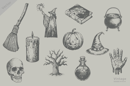 Halloween elements set collection illustration spell book, witch hat, cauldron, broomstick, casting spell, handprint, Pumpkin, candle flame, skull, potion bottle, magic wand isolated hand drawn sketch