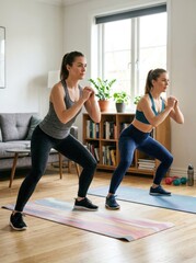 Obraz premium Two young women perform a squat exercise in a bright, modern living room. They are wearing athletic wear and exercising on a yoga mat.