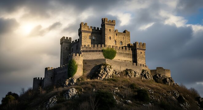 Majestic Medieval Castle on Hilltop, Dramatic Sky, Stone Fortress Architecture