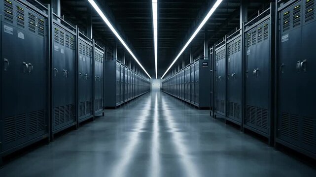 Dark data center corridor with servers.