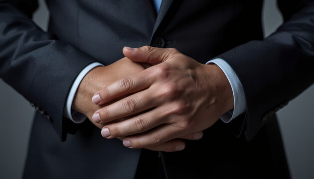 Hands of businessman clasped confidently over dark suit conveying calm authority and focus