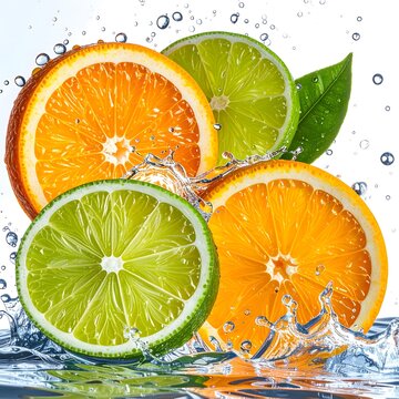 Citrus splash vibrant oranges and limes in a dynamic water burst