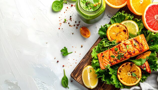 Fresh and healthy grilled salmon with citrus fruits and greens