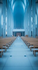 Fototapeta premium Interior view of a modern minimalist church with rows of wooden pews and a bright blue toned atmosphere creating a sense of peace and serenity