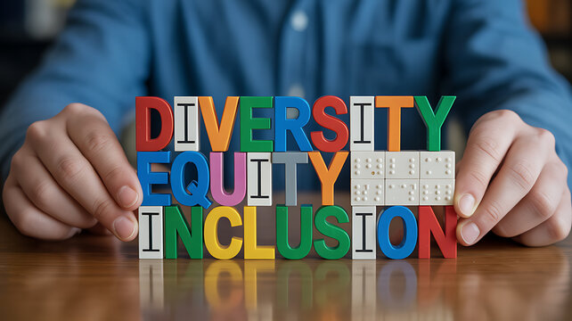 Hands arranging colorful diversity equity inclusion letters emphasizing family bonds and togetherness